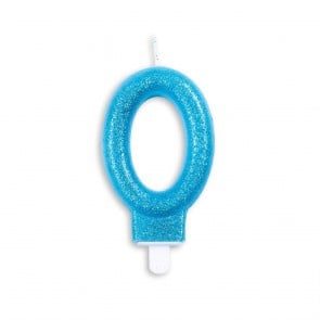 Taart kaars 0 jaar blauw glitter 7 cm.