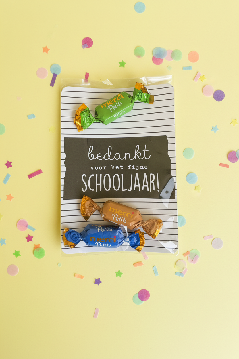Juf en meester traktatie ‘bedankt voor het fijne schooljaar’ (met sticker naar keuze)