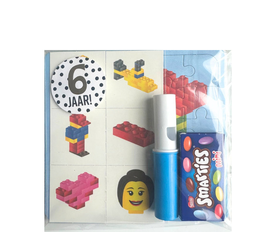 LEGO traktatie met puzzel en tattoo (en sticker naar keuze)