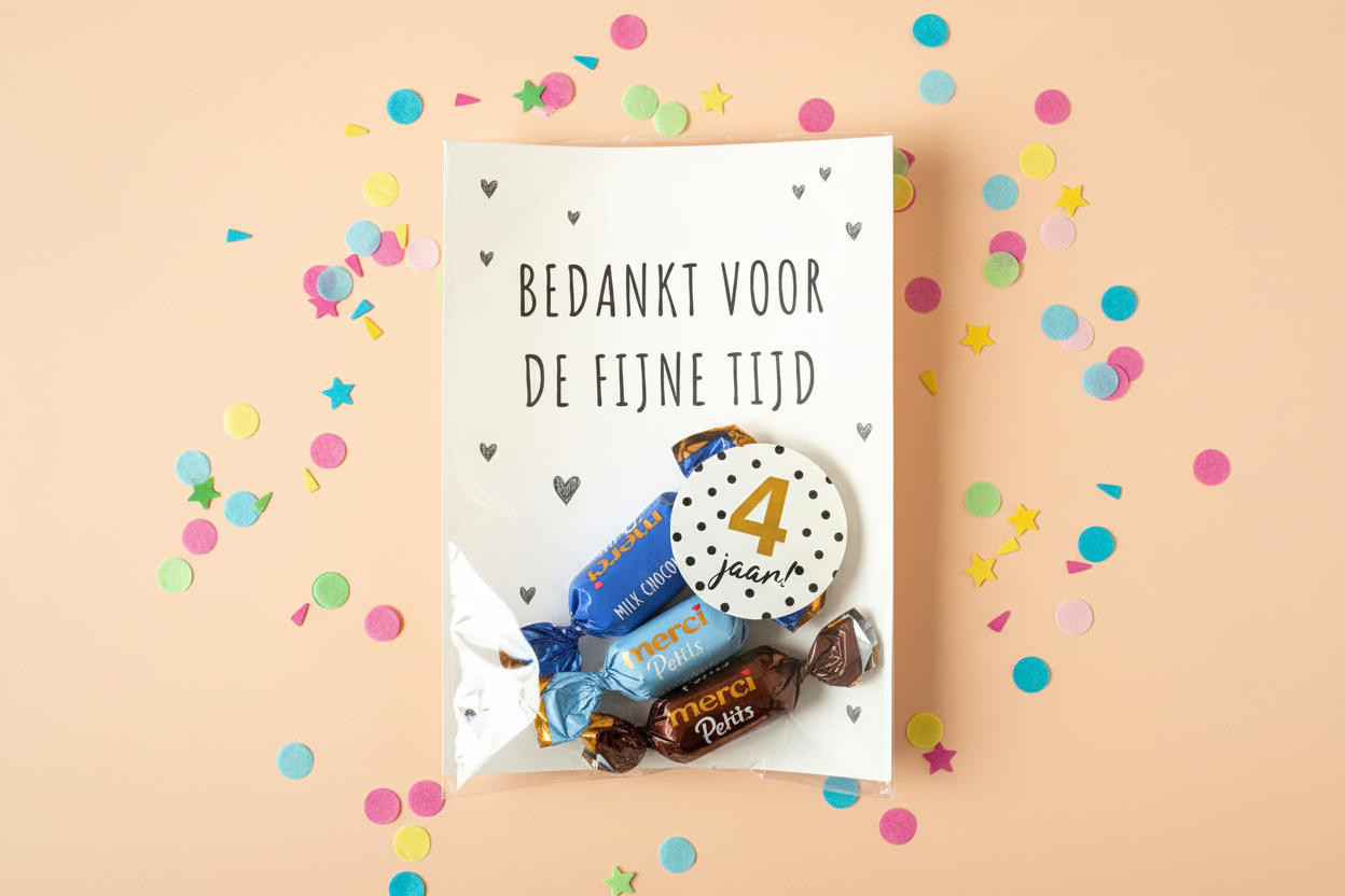 Juf en meester traktatie ‘bedankt voor de fijne tijd’ (met sticker naar keuze)