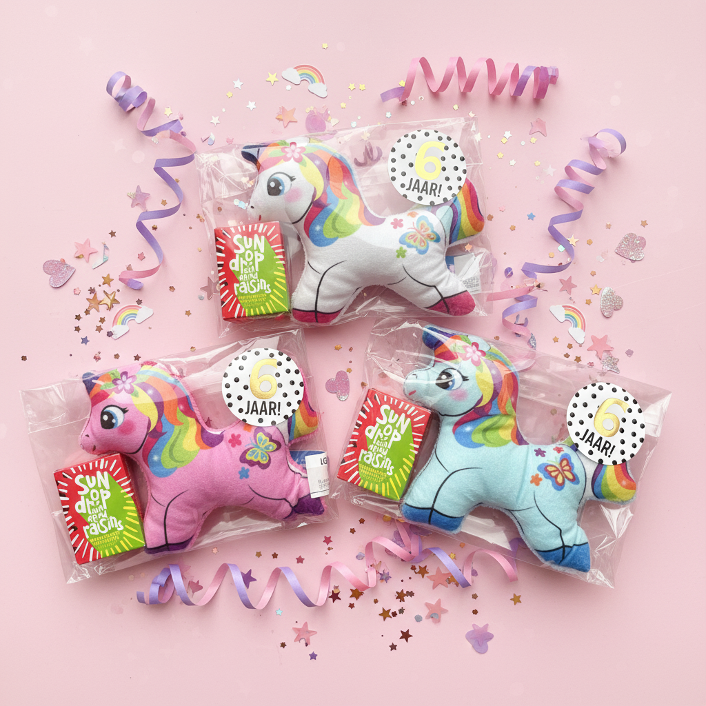 Knuffel eenhoorn traktatie met rozijntjes (met sticker naar keuze)
