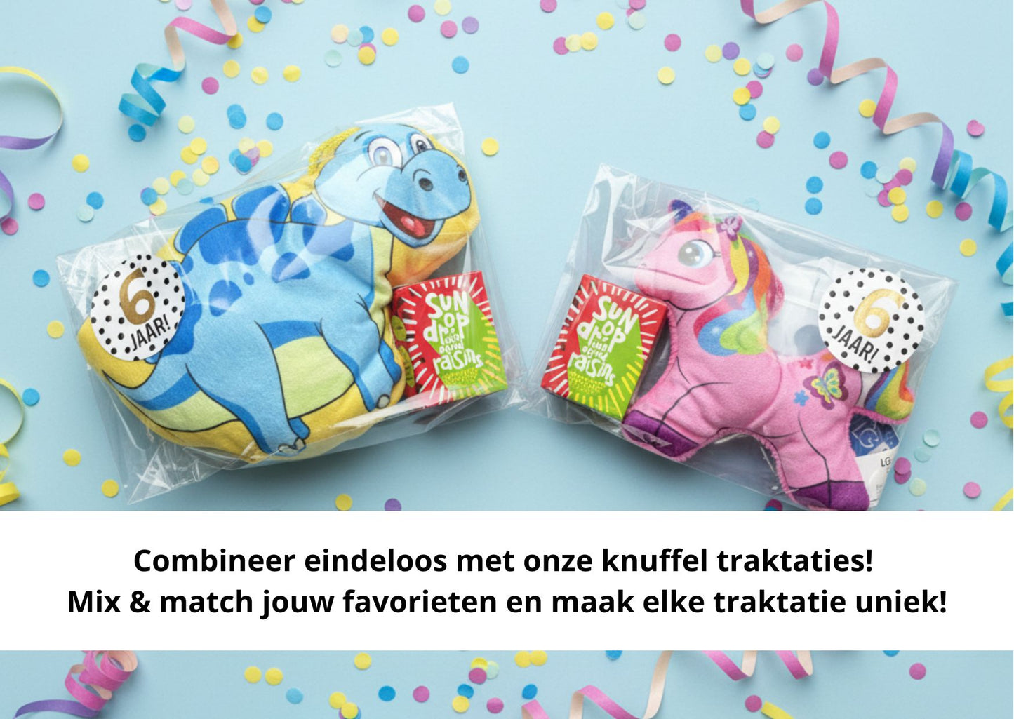 Knuffel dino traktatie met rozijntjes (met sticker naar keuze)