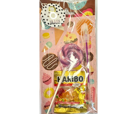 Snoep-sticker traktatie met gelpen (met sticker naar keuze)