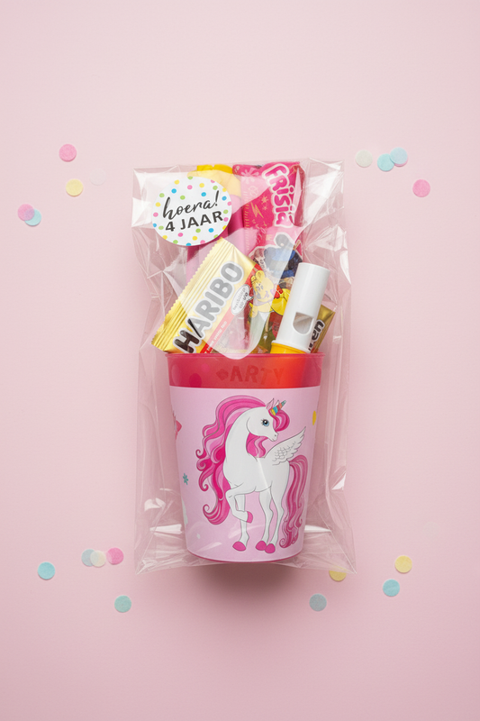 Eenhoorn/unicorn traktatie herbruikbare beker (met sticker naar keuze)