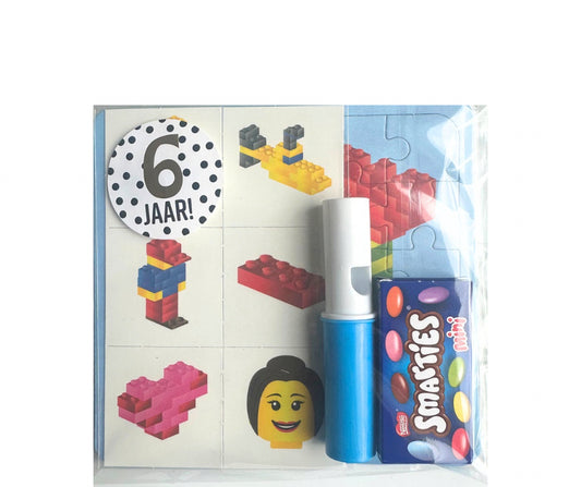 LEGO traktatie met puzzel en tattoo (en sticker naar keuze)